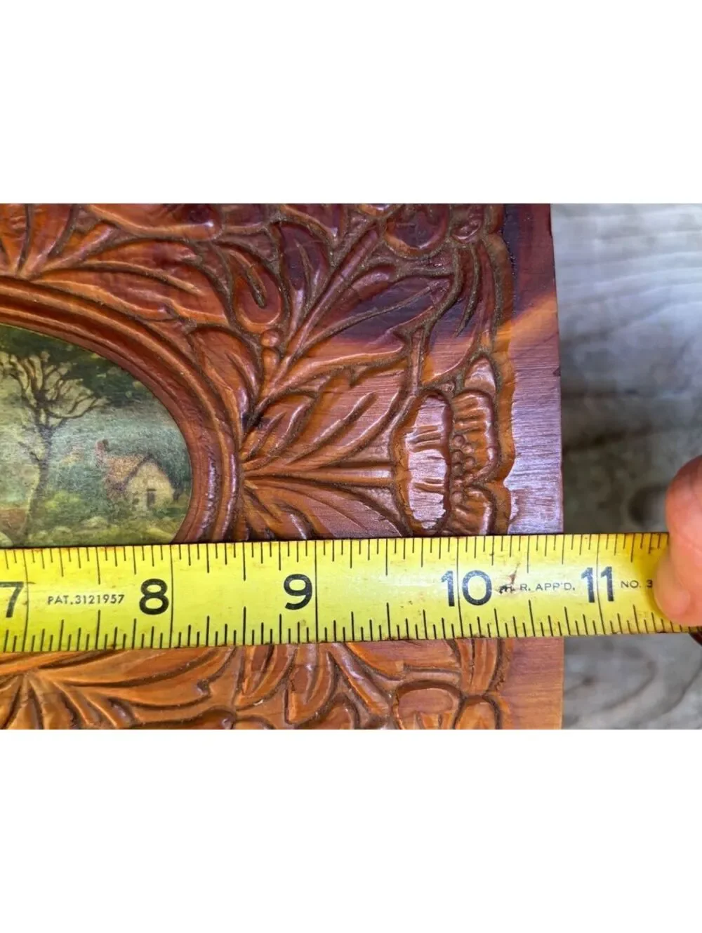 Vintage Carved Wood Jewelry Box, Cottage Scene Print, Footed with Brass Clasp